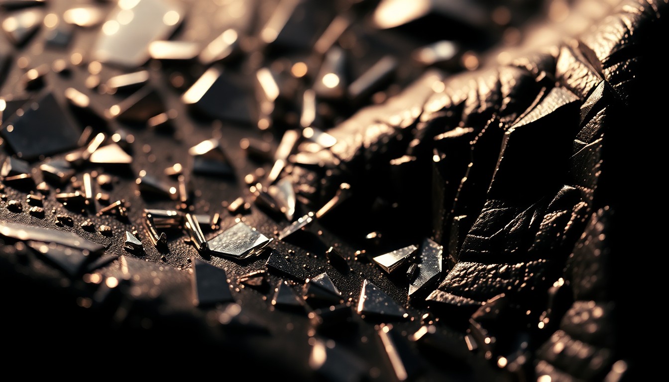 An extreme close-up of shattered glass and crumpled metal, capturing the raw energy and visual spectacle of the action genre.