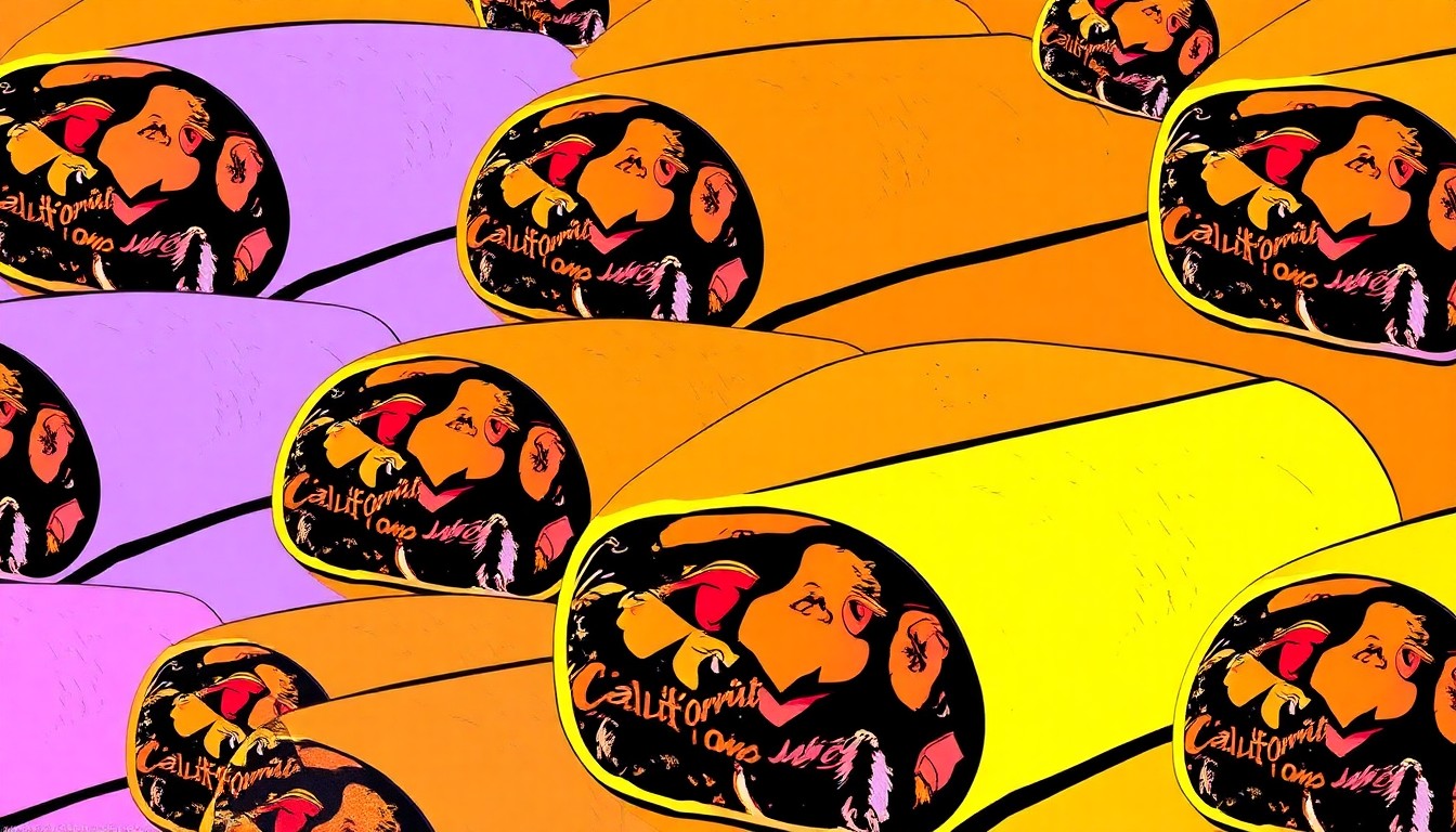 A bold, colorful silkscreen-style illustration of a California burrito, repeated in a grid pattern to capture the iconic dish's significance to the Mission neighborhood.