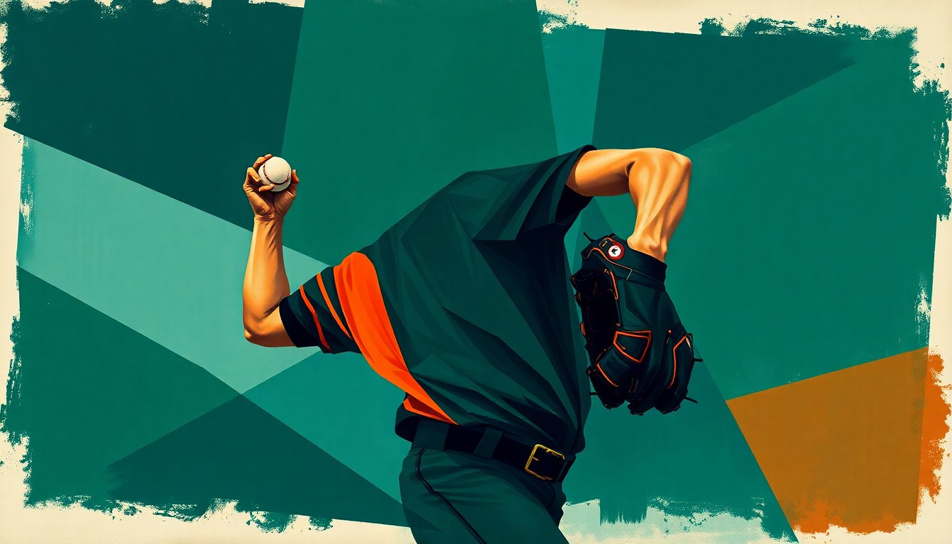 A fragmented, geometric painting depicting a baseball pitcher's motion broken down into sharp, overlapping planes of navy, forest green, and burnt orange, conveying the precarious nature of professional pitching.