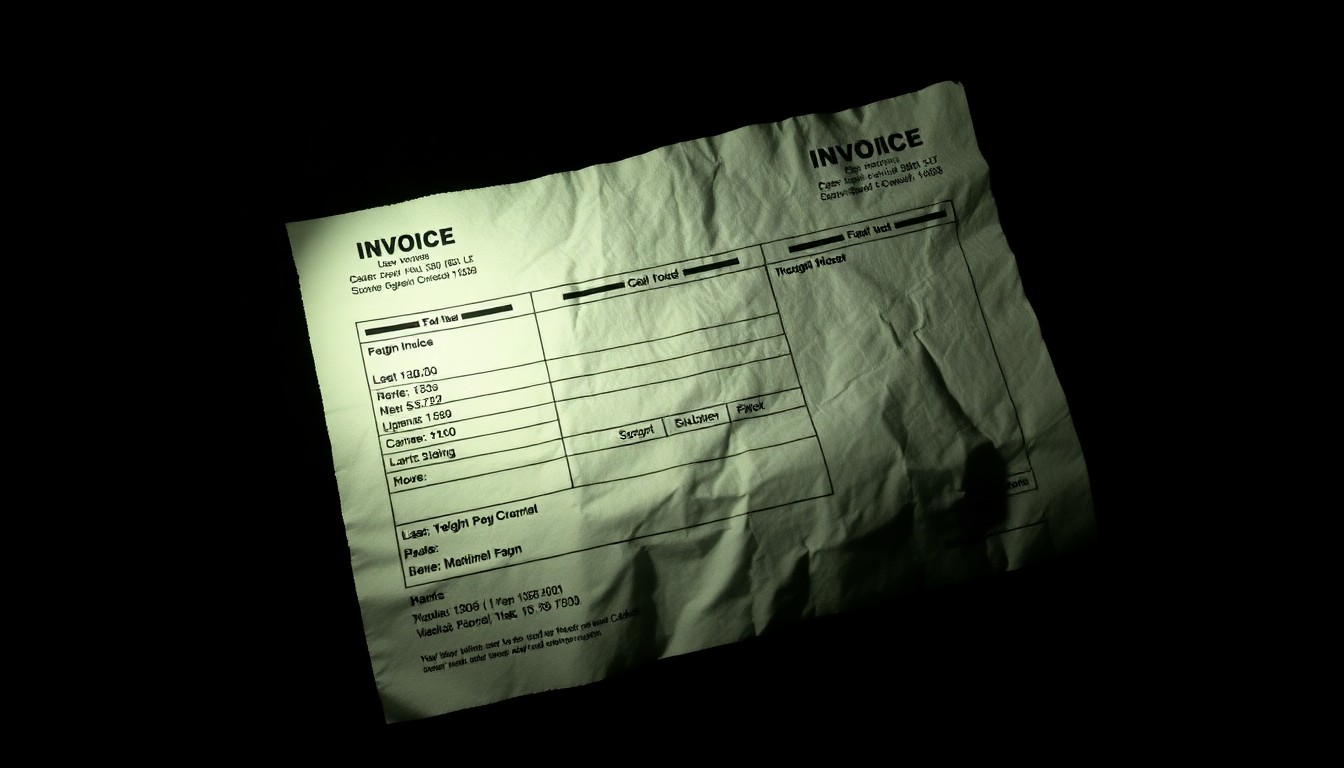 An extreme close-up photograph of a crumpled freight invoice or shipping label, lit by a harsh, direct camera flash against a pitch-black background, creating a stark, gritty, investigative aesthetic.