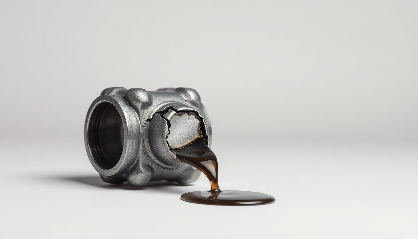 A highly detailed, photorealistic studio photograph of a polished metal pipe fitting with a visible crack, set against a clean, monochromatic background and dramatically lit to conceptually represent the infrastructure challenges cities face in managing water systems and preventing environmental violations.