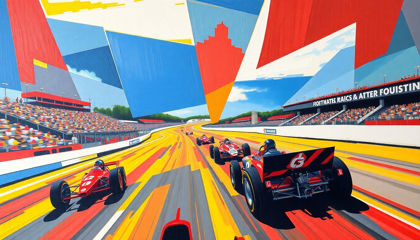 A fragmented, geometric painting depicting the dynamic motion and energy of a short track auto race, with overlapping planes of bright primary colors representing the speed and competition of the event.
