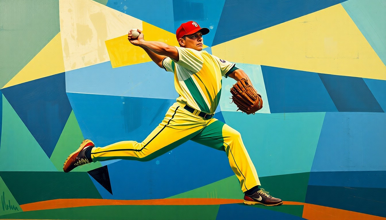 A fragmented, geometric painting depicting the motion of a baseball pitcher in an abstract, cubist style, with sharp, overlapping shapes and planes in a vibrant color palette.