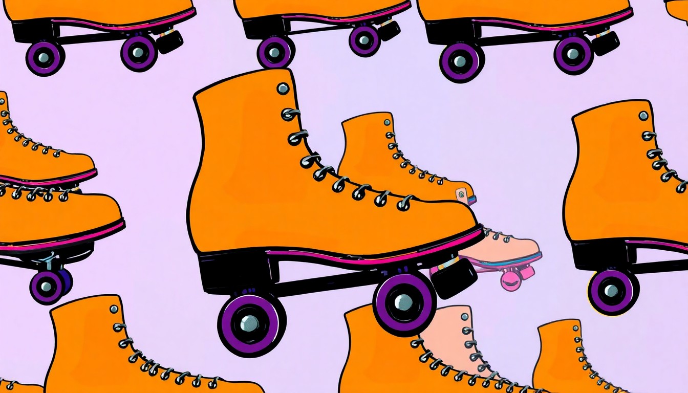 A bold, colorful silkscreen illustration featuring a repeated pattern of a single, iconic roller skate in bright neon shades, conceptually representing the energy and nostalgia of a retro roller skating event.