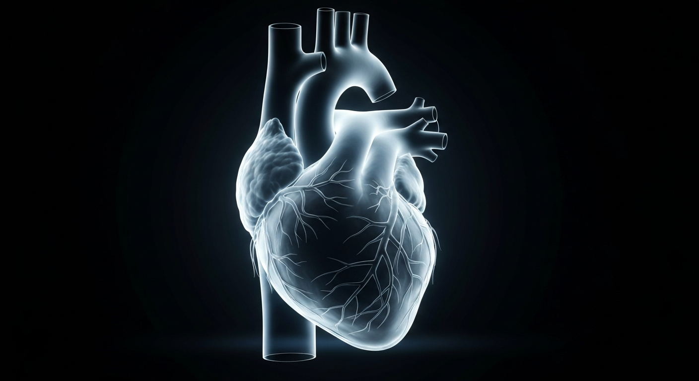 A ghostly, translucent X-ray photograph of a human heart glowing against a dark background, conceptually representing the gift of life through organ donation.