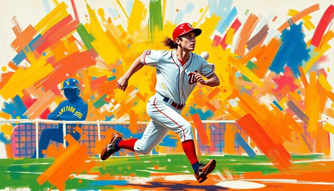 An abstract, energetic painting in vibrant neon colors and dynamic brushstrokes, capturing the raw power and youthful exuberance of a baseball player rounding the bases after a big hit, with the player's features dissolved into an unrecognizable blur.