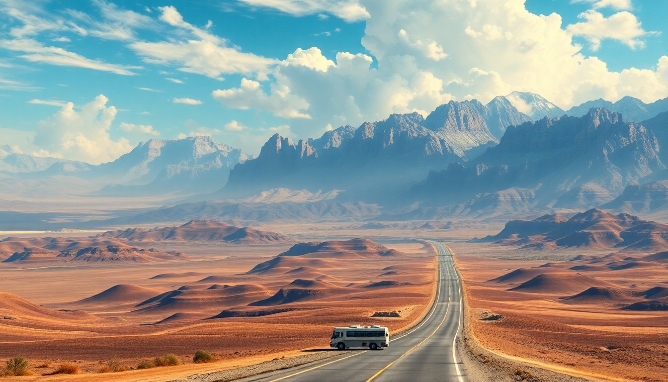 A sweeping, atmospheric landscape painting in muted earth tones, with a winding highway cutting through a vast, desolate desert. The charter bus involved in the accident is barely visible, dwarfed by the overwhelming scale of the natural environment.