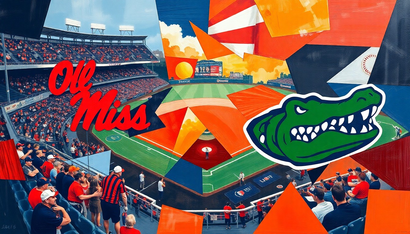 A cubist, geometric painting depicting a baseball game between the Ole Miss Rebels and Florida Gators, with the players and field broken down into sharp, overlapping planes of navy blue, red, and orange.
