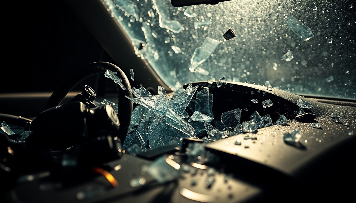 An abstract close-up photograph featuring shattered glass and crumpled metal in dramatic high-contrast lighting, conveying the aftermath of a drunk driving incident involving a public figure.