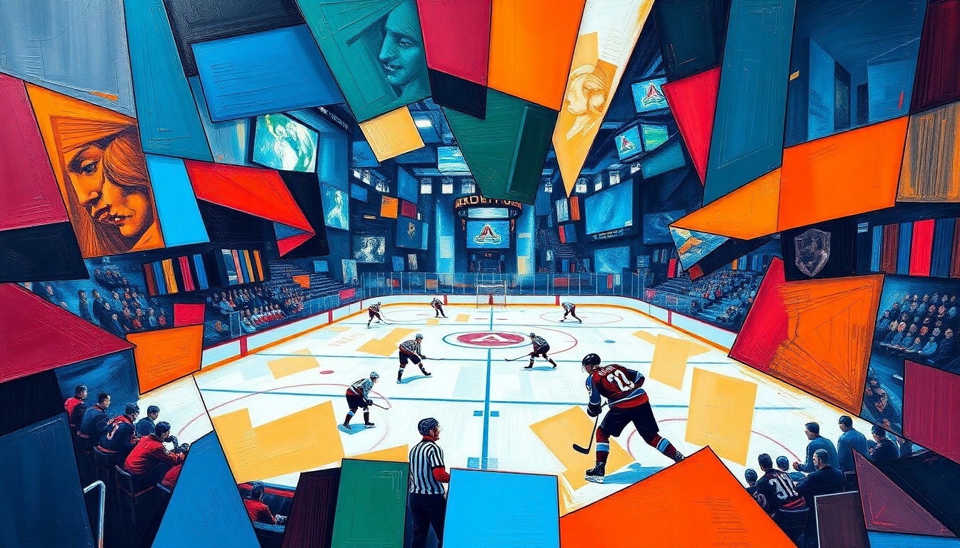 A fragmented, geometric painting depicting a hockey game between the Colorado Avalanche and Dallas Stars, with sharp planes of color and overlapping perspectives capturing the intensity of the matchup.