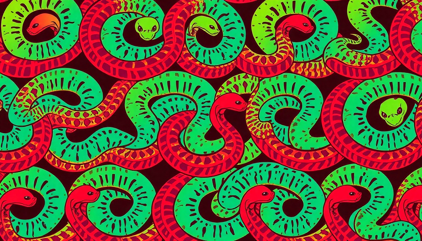 A bold, graphic illustration featuring a coiled rattlesnake repeated in a grid pattern, rendered in a vibrant, high-contrast pop art style with neon colors and heavy black outlines, conceptually representing the prevalence of these venomous snakes in Montana's natural landscapes.