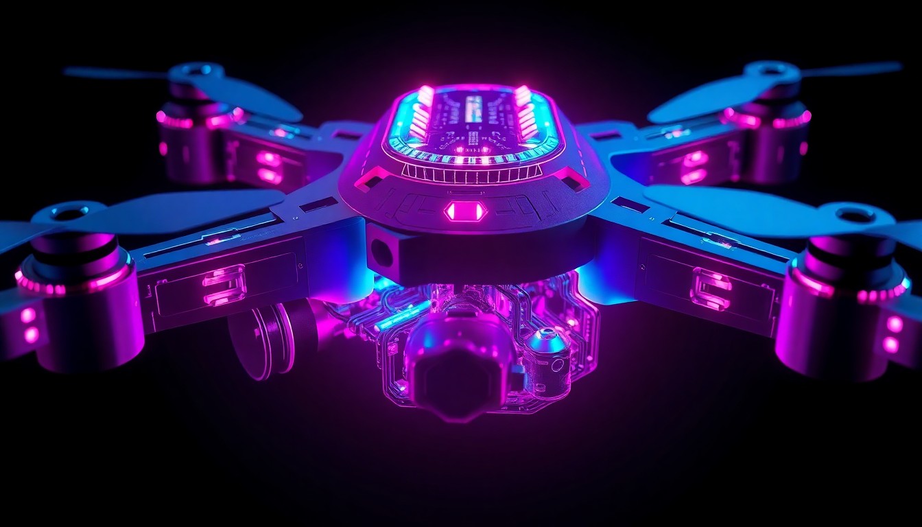A highly detailed, glowing 3D macro illustration of a military drone's internal components and circuitry, illuminated by neon cyan and magenta lights, conceptually representing the complex digital infrastructure behind unmanned aerial vehicles.