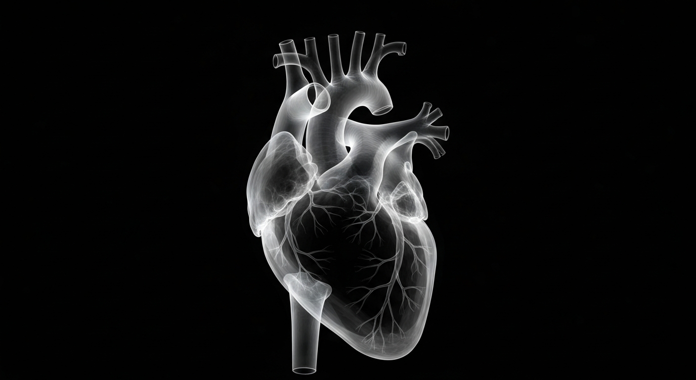 A translucent, ghostly X-ray photograph of a human heart, rendered in glowing lines against a dark background, symbolizing the precarious state of healthcare access.