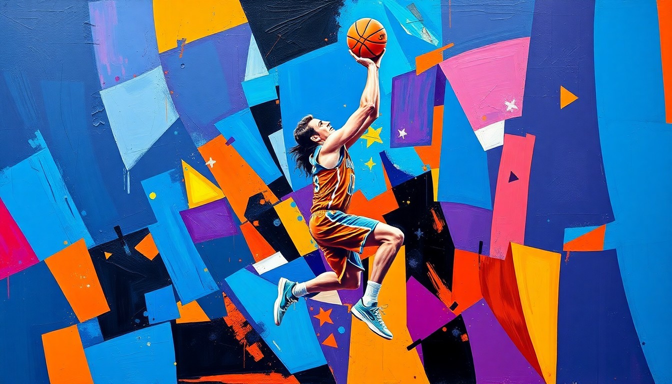 A cubist-style painting depicting Luka Dončić's basketball movements as fragmented, overlapping geometric shapes in a vibrant color palette, conveying the complexity and uncertainty surrounding his potential MVP candidacy.