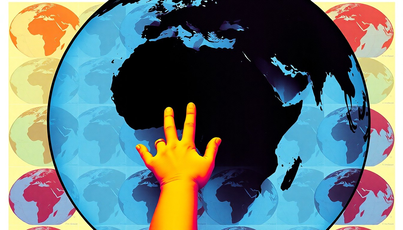 A brightly colored, high-contrast silkscreen print of a child's hand reaching out to touch a large, stylized globe, repeated in a tight grid pattern, capturing the global and empowering themes of the new exhibit.