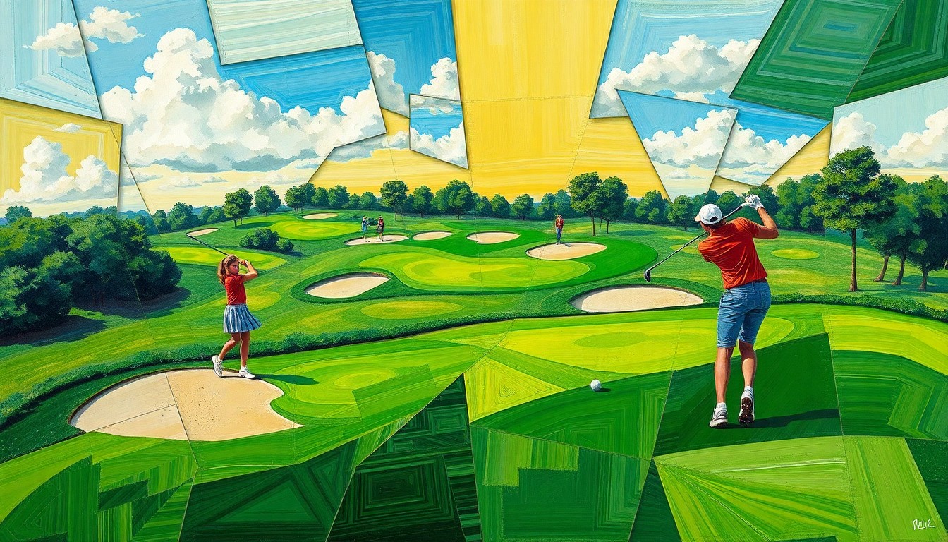 A cubist, geometric painting depicting a high school girls' golf tournament, with overlapping planes of green fairways, sand traps, and swinging golf clubs.