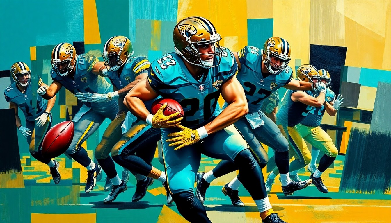A cubist, geometric painting depicting a football player in the midst of a pass rush, with sharp, overlapping planes of teal, gold, and black reflecting the Jaguars' team colors.
