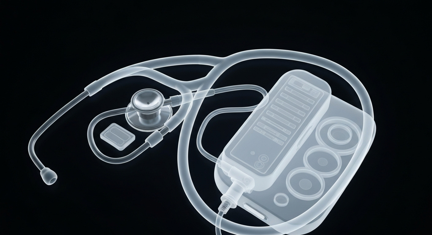 An extreme close-up X-ray photograph of a stethoscope and other medical equipment, their internal structures glowing against a dark background to symbolize the importance of rural healthcare access.