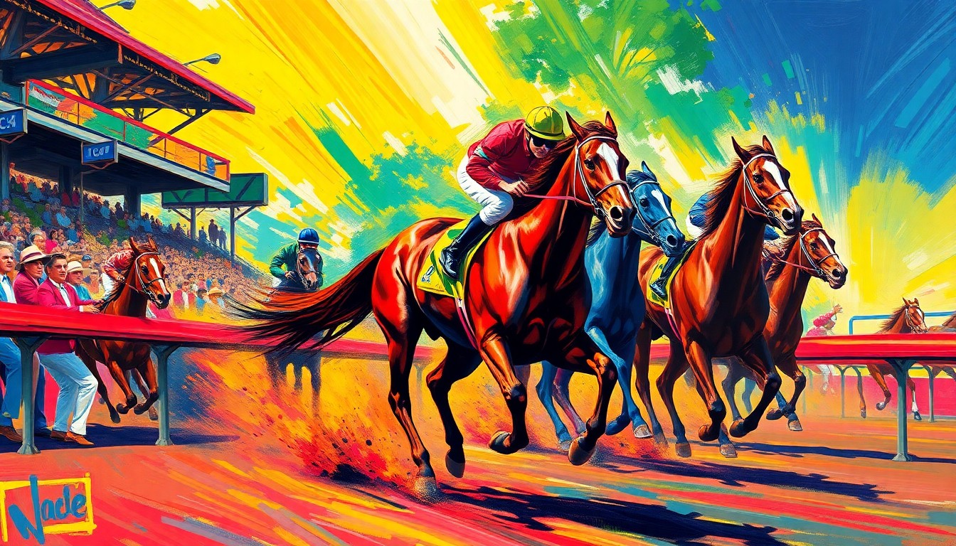An abstract, energetic painting featuring a racehorse in motion, with vibrant brushstrokes and neon colors capturing the raw power and speed of the animal as it charges towards the finish line.