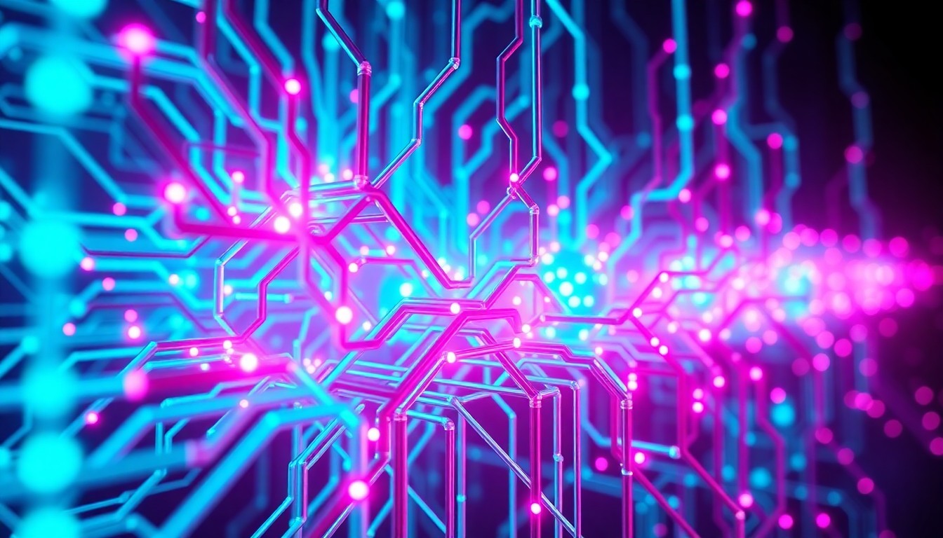 A highly detailed, glowing 3D macro illustration of a complex AI neural network architecture, with luminous cyan and magenta circuitry pulsing with energy, conceptually representing the advanced, cutting-edge nature of OpenAI's work in artificial general intelligence.