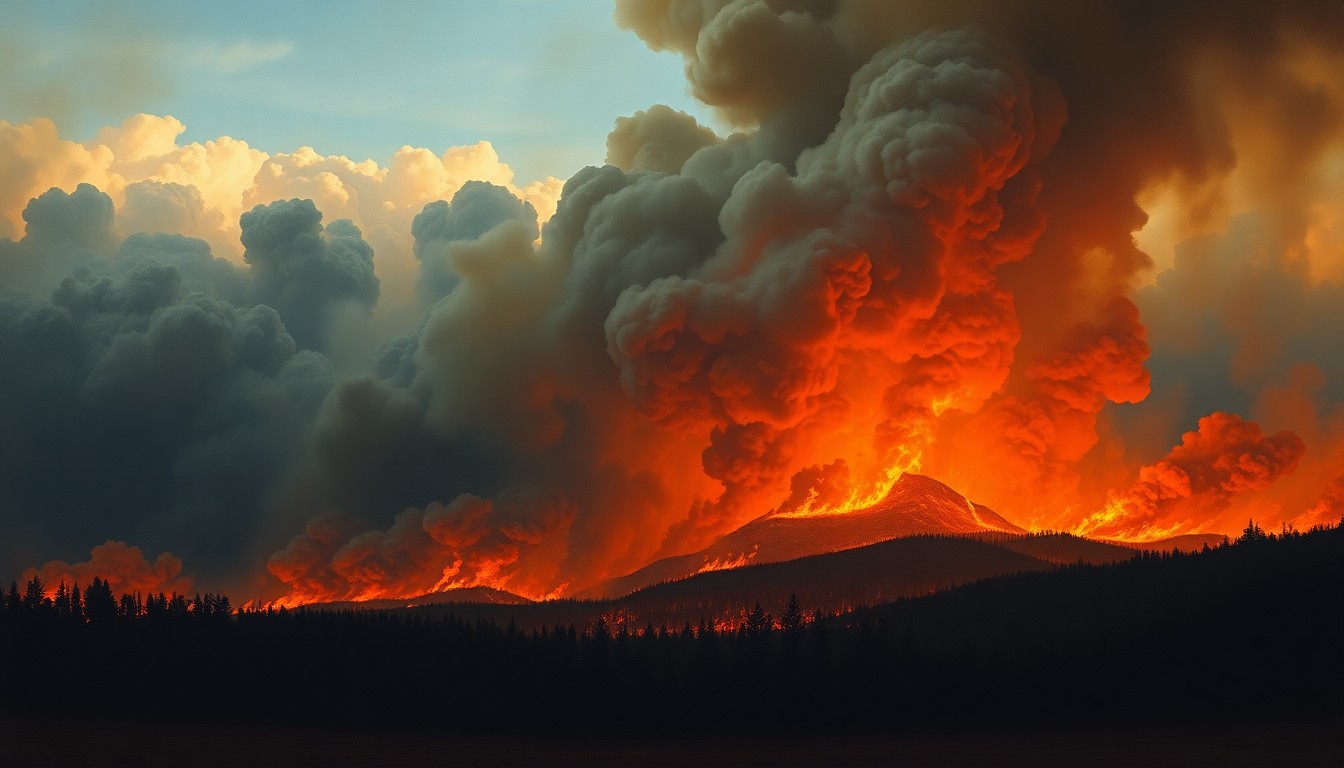 A sweeping, atmospheric landscape painting in muted tones of orange, grey, and black, depicting a distant wildfire raging across a desolate, charred landscape, with billowing smoke obscuring the horizon and dwarfing any visible structures or figures.