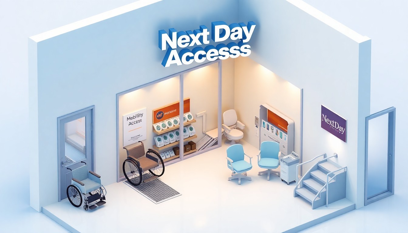 A clean, minimalist 3D digital illustration depicting a stylized showroom or storefront for Next Day Access, featuring a floating display of mobility products like wheelchairs, ramps, and stairlifts against a pastel background with soft lighting.