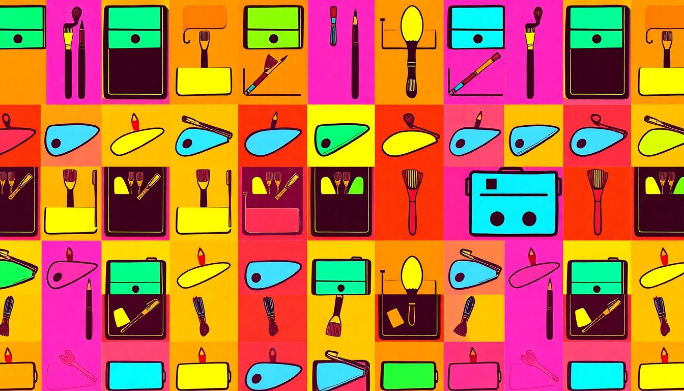 A vibrant, high-contrast silkscreen print featuring a grid of brightly colored paintbrushes, conceptually representing the diverse artistic mediums and expressions of the student artists.