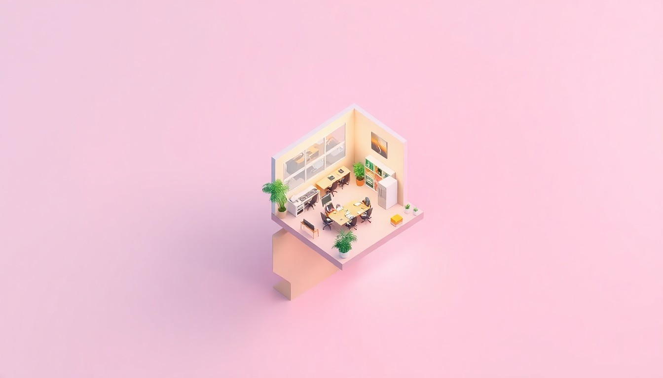 An isometric 3D illustration depicting a stylized startup office or coworking space, with geometric furniture, potted plants, and other abstract elements floating in a pastel-colored environment, conveying the energy and community of Maine's entrepreneurial ecosystem.