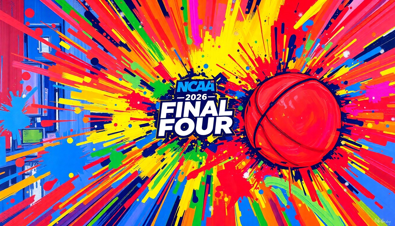 A dynamic, abstract painting featuring bold, energetic brushstrokes in neon shades of blue, green, and orange, capturing the intense excitement and competitive spirit of the 2026 NCAA Final Four basketball tournament.