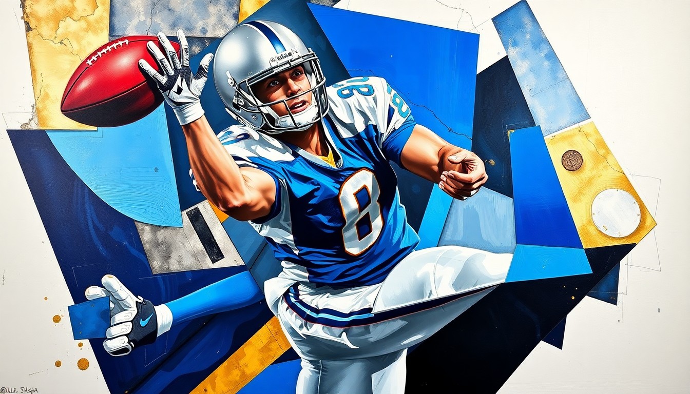 A fragmented, geometric painting depicting a football player making a catch, with sharp planes of blue, silver, and gold representing the explosive energy of the play.