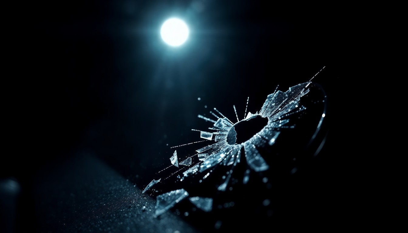 An extreme close-up photograph of a shattered car window or bullet casing against a pitch-black background, lit by a harsh camera flash to create a stark, gritty, investigative aesthetic without depicting any violence or victims.