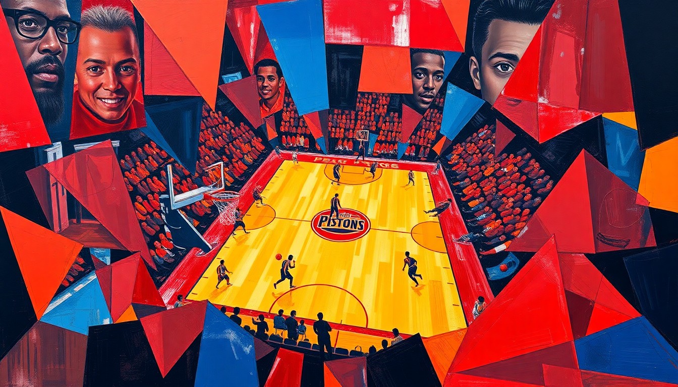 A cubist, geometric painting depicting a Pistons basketball game, with sharp, overlapping planes of red, blue, and yellow representing the dynamic action on the court.