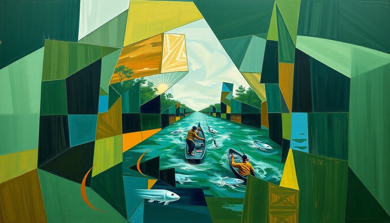 A fragmented, geometric painting depicting the dynamic action of a bass fishing tournament, with overlapping planes of deep green, brown, and blue hues.