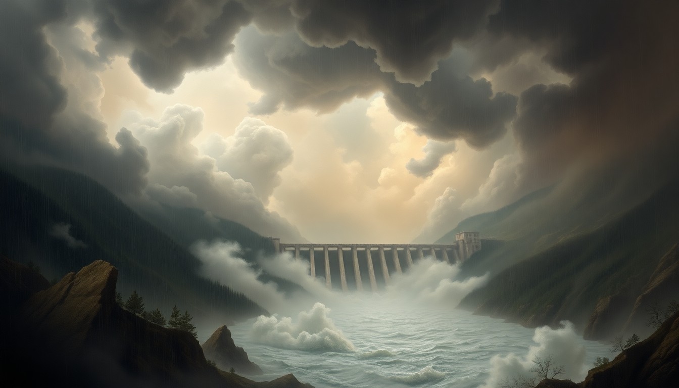 A sweeping, atmospheric landscape painting in muted tones of grey, blue, and green, depicting the Mount Morris Dam nestled within a vast, turbulent scene of heavy rain, swirling clouds, and churning waters, conveying the overwhelming scale and sublime power of the natural forces at play.