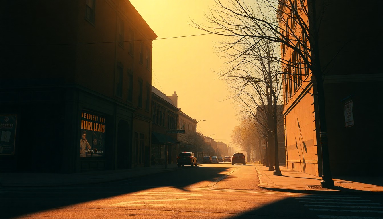 A serene, cinematic painting of an empty city street corner with buildings in the background, the scene bathed in warm, diagonal sunlight and deep shadows, conveying a nostalgic, contemplative mood about the political changes ahead for Independence.