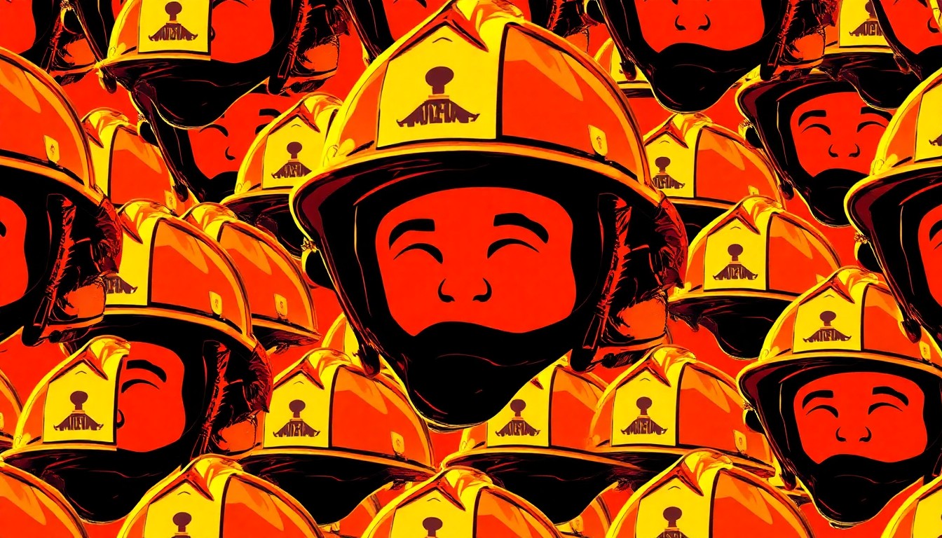 A bold, colorful silkscreen-style illustration featuring a firefighter's helmet repeated in a grid pattern, conceptually representing the groundbreaking career of San Diego's first Black firefighter.