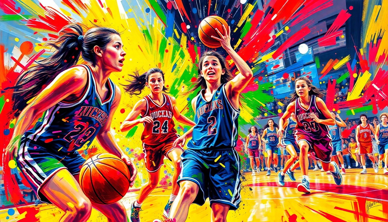 An abstract expressionist painting in vibrant neon colors, with rapid brushstrokes capturing the energy and movement of a high school basketball game, players' forms dissolving into unrecognizable shapes.