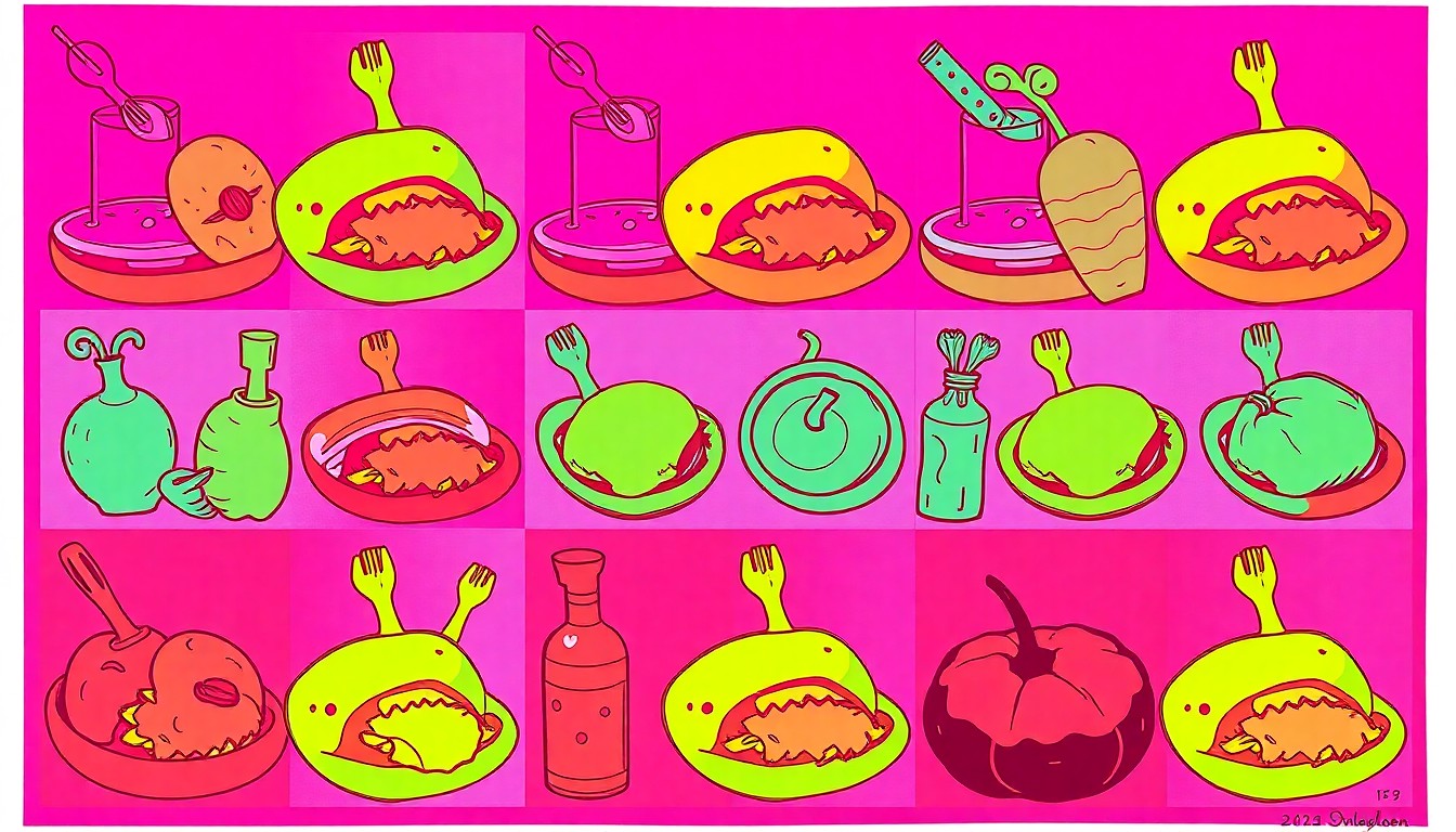 A brightly colored, high-contrast silkscreen print of a single, iconic Triangle food item repeated in a tight grid pattern, capturing the region's creative and experimental culinary spirit.