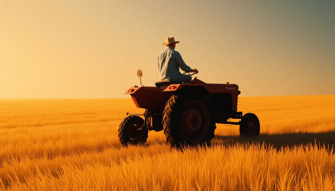 A serene oil painting depicting a lone farmer sitting on a tractor in a vast, sun-dappled field, capturing the contemplative mood and uncertain future facing the agricultural community.