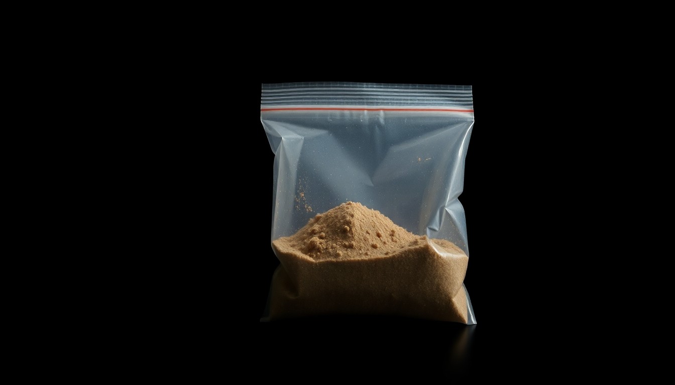 An extreme close-up photograph of a small plastic bag containing a brown powdery substance, lit by a harsh, direct camera flash against a pitch-black background, conceptually illustrating the investigation of a fentanyl trafficking case.