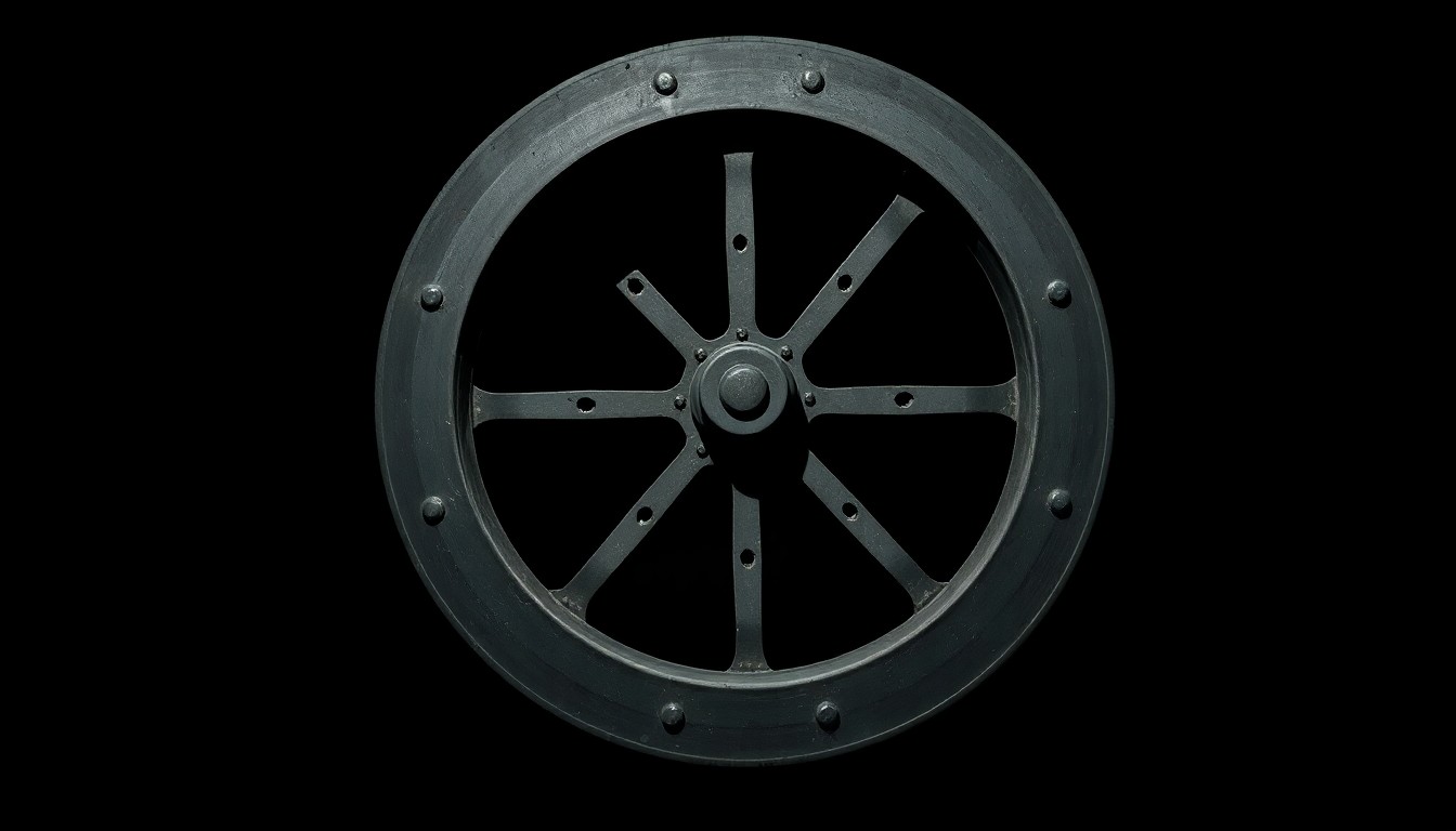 An extreme close-up photograph of a large metal fence wheel against a pitch-black background, conveying a stark, gritty, investigative aesthetic without any text or identifiable elements.
