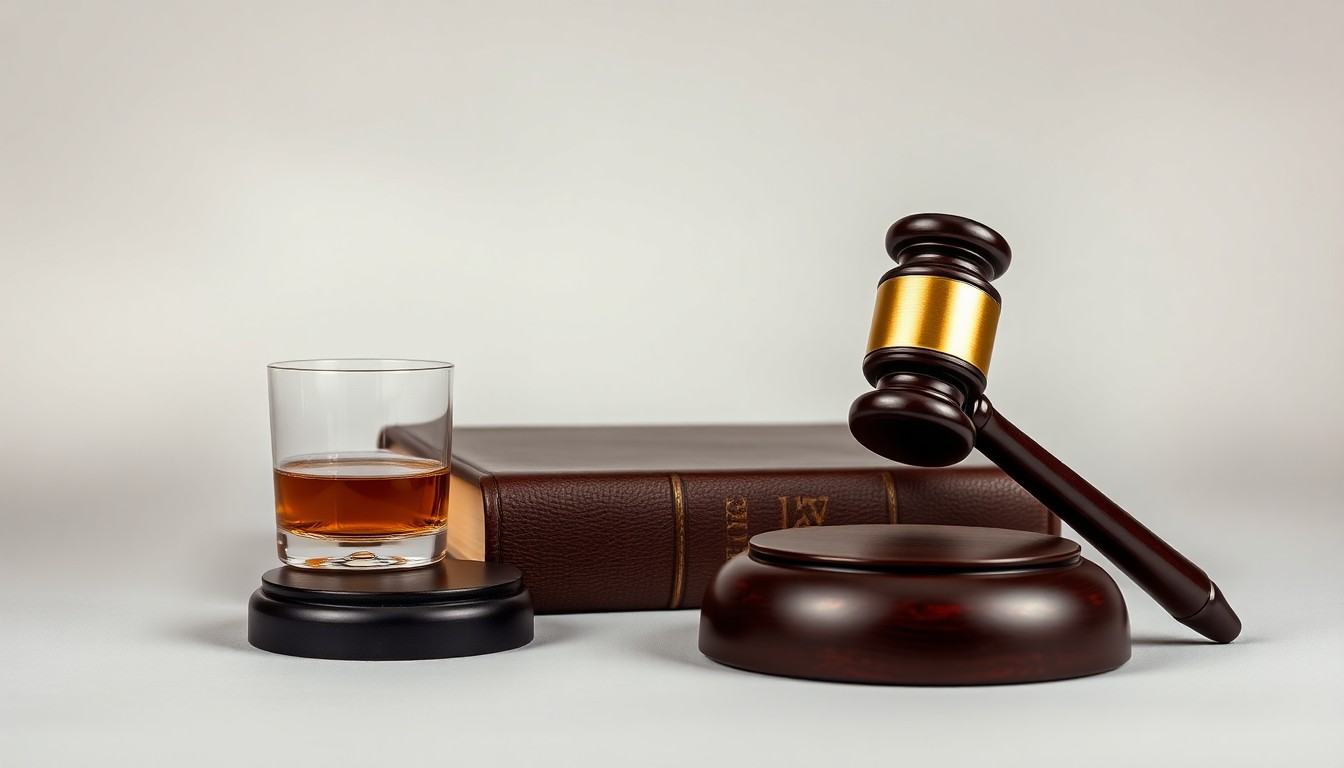 A minimalist studio still life photograph featuring a polished metal law gavel, a leather-bound law book, and a glass of whiskey, symbolizing the prestige and gravitas of the legal profession.