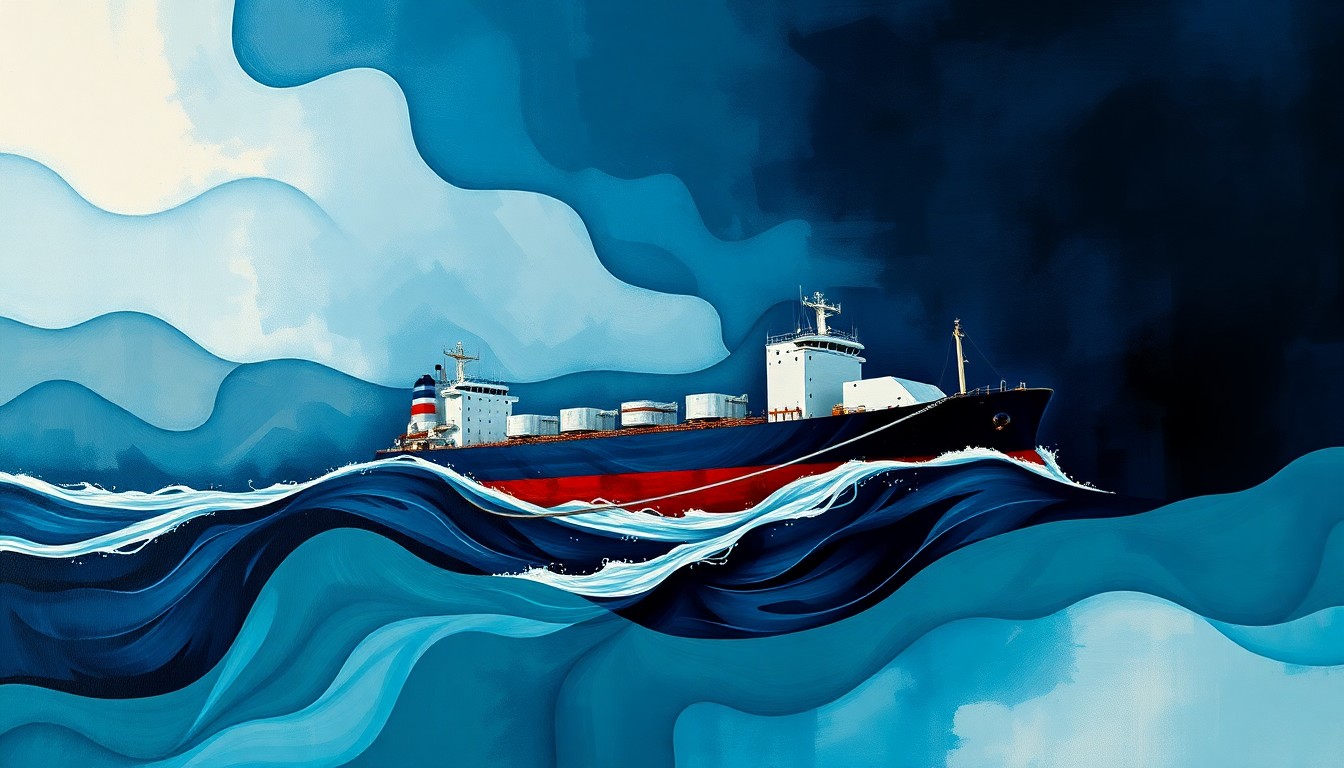 An abstract, fragmented painting of a tanker ship in shades of blue, gray, and green, conveying the turbulent and complex nature of the geopolitical situation in the Strait of Hormuz.