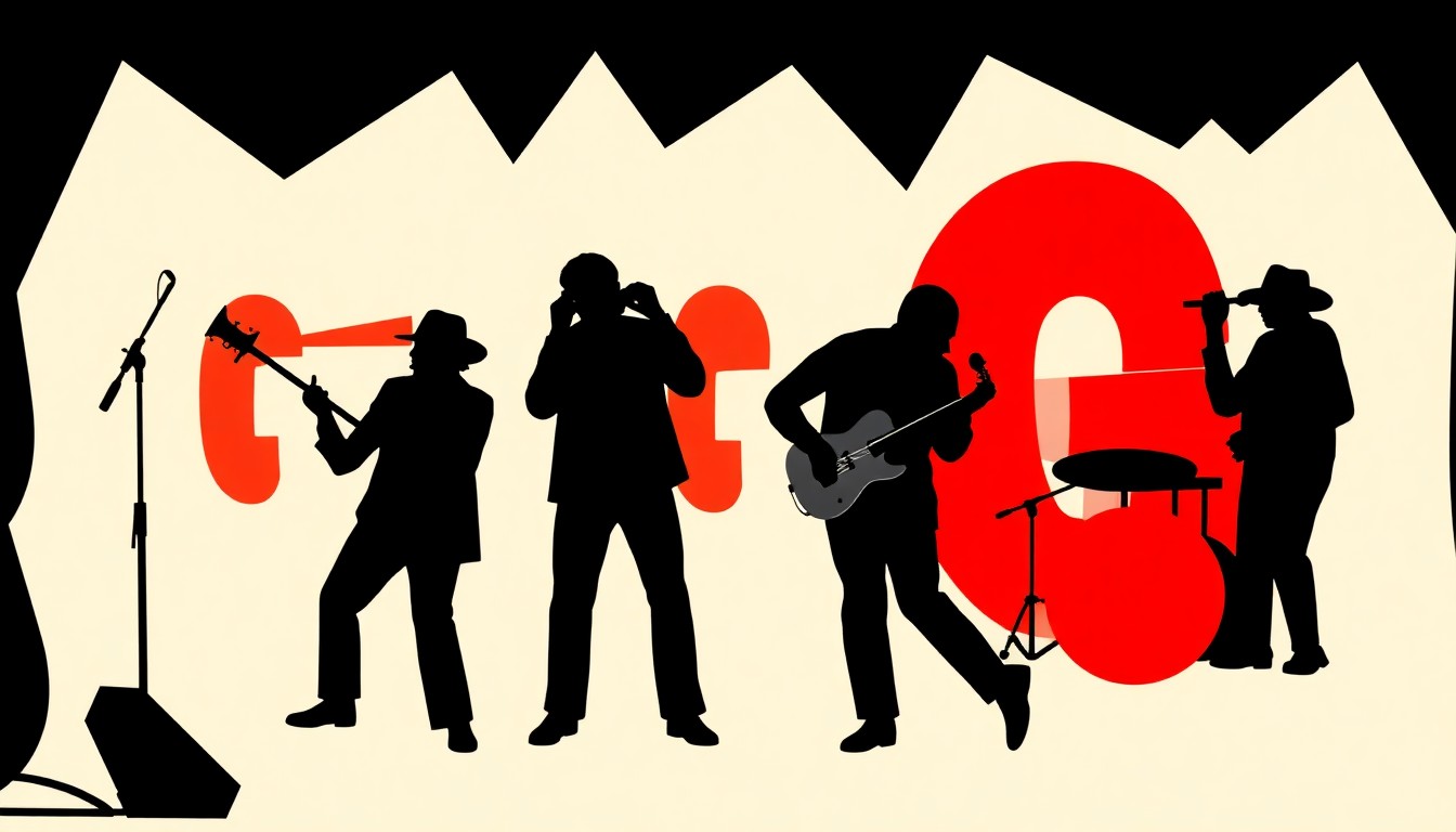 A bold, abstract composition of jagged geometric shapes and stark black silhouettes in high-contrast red and white, conceptually representing the 50-year history and cultural significance of go-go music.