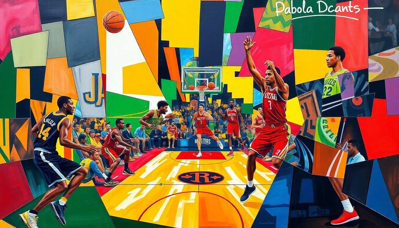 A fragmented, geometric painting depicting a basketball game between the Utah Jazz and Houston Rockets, with players' forms broken down into abstract shapes and planes of color.