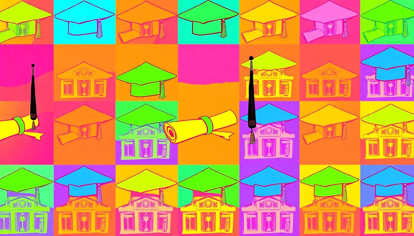 A brightly colored, high-contrast silkscreen print of a mortar board or diploma repeated in a tight grid pattern, rendered in a bold, neon color palette with heavy black outlines to create a modern pop art interpretation of an academic symbol.