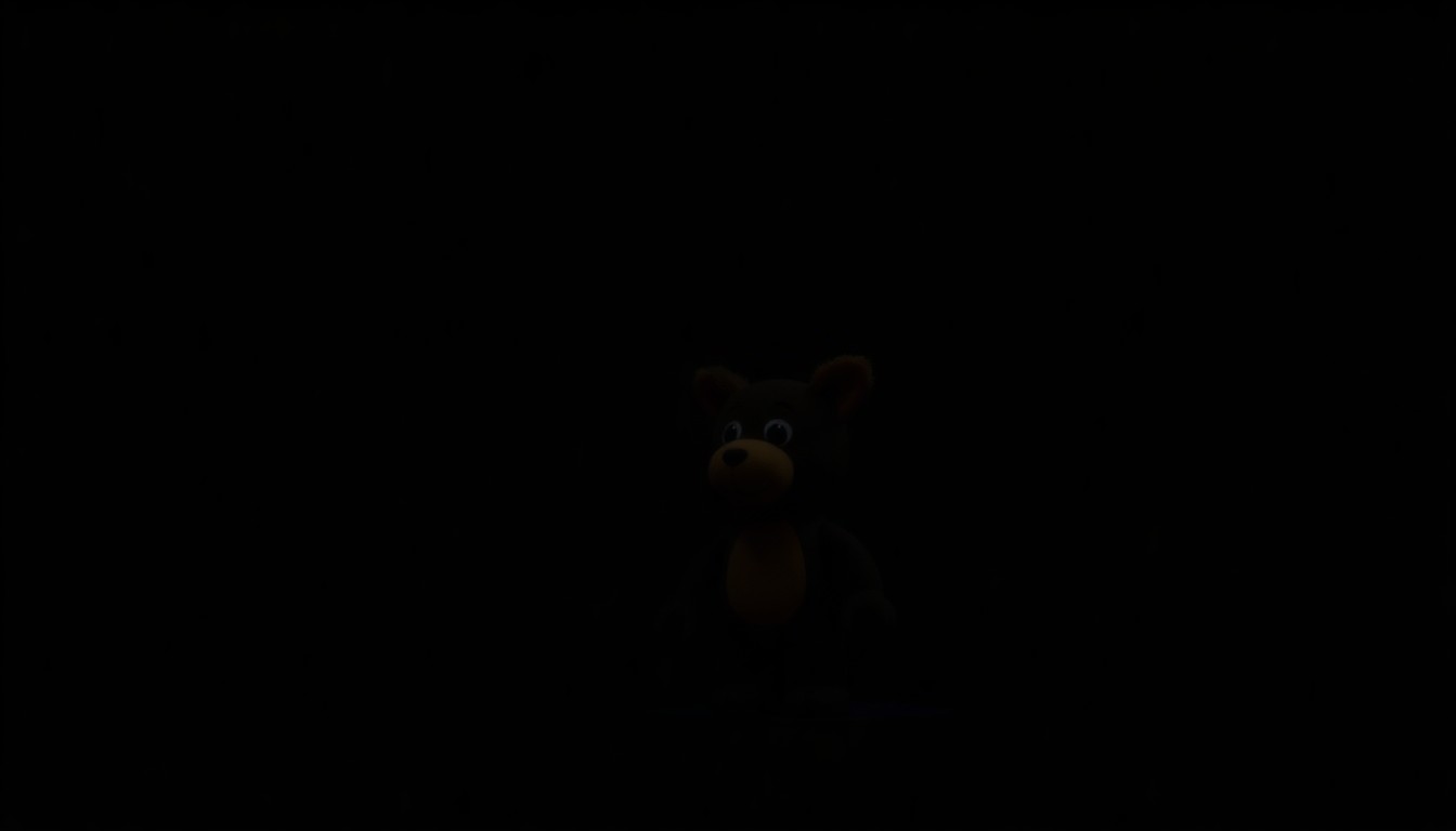 An extreme close-up photograph of a child's stuffed animal toy, its soft fabric and features dramatically lit by a harsh camera flash against a pitch-black background, conveying a sense of vulnerability and the gravity of the situation without depicting any actual violence or victims.