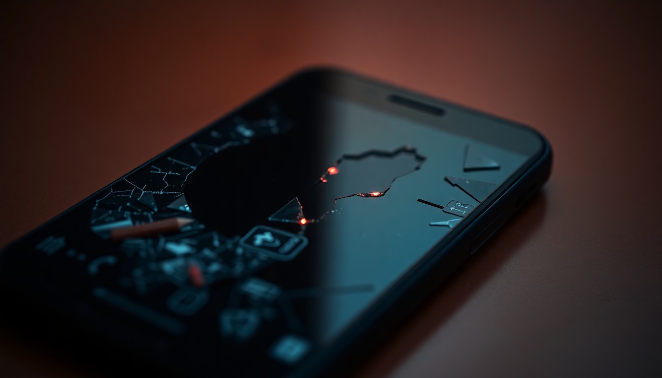 An extreme close-up photograph of a shattered smartphone screen reflecting a faint red light, conveying the gritty, investigative nature of the crimes uncovered in this case.