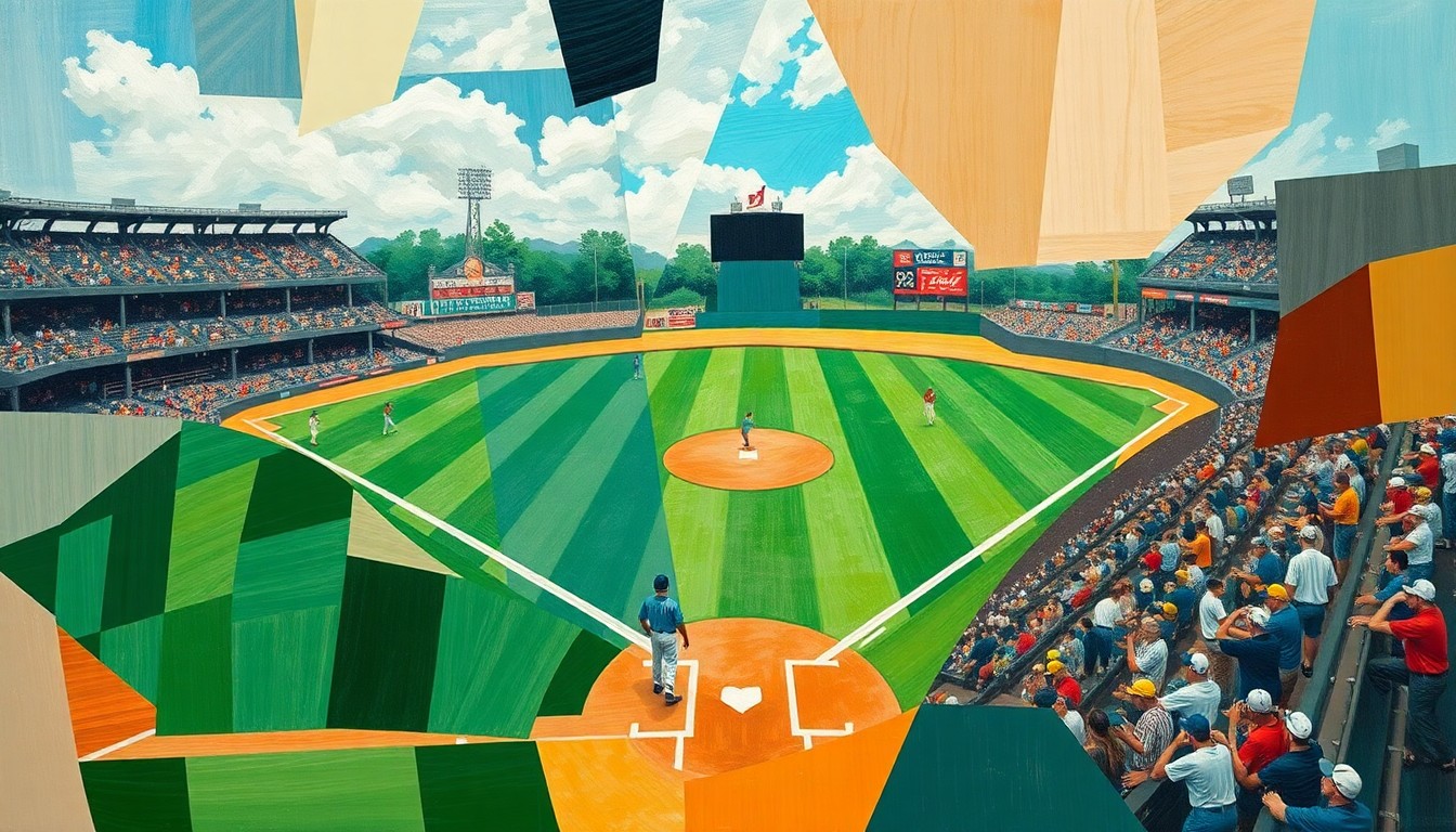 A cubist, geometric painting depicting a high school baseball game, with overlapping planes of players, dugout, and field in vibrant greens, whites, and browns, capturing the energy and legacy of the sport.