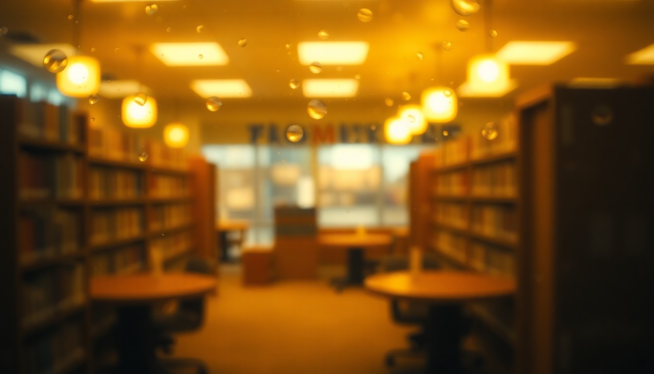 An abstract, impressionistic photograph of blurred, colorful shapes and lights, evoking the warm, inviting atmosphere of a public library.